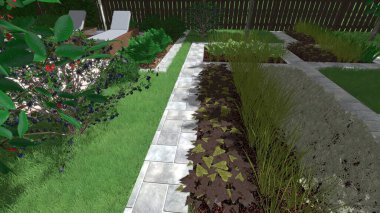 Memleketin peyzaj tasarımının 3 boyutlu görüntüsü. Bölgenin peyzajı. Birleşik peyzaj ve peyzaj çözümlerinin bilgisayar görselleştirmesi.