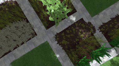 Memleketin peyzaj tasarımının 3 boyutlu görüntüsü. Bölgenin peyzajı. Birleşik peyzaj ve peyzaj çözümlerinin bilgisayar görselleştirmesi.