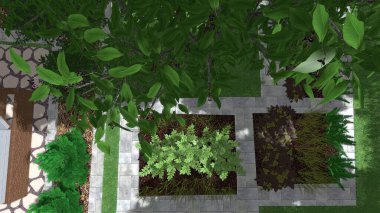 Memleketin peyzaj tasarımının 3 boyutlu görüntüsü. Bölgenin peyzajı. Birleşik peyzaj ve peyzaj çözümlerinin bilgisayar görselleştirmesi.