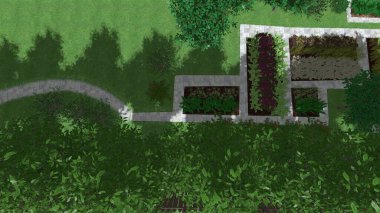 Memleketin peyzaj tasarımının 3 boyutlu görüntüsü. Bölgenin peyzajı. Birleşik peyzaj ve peyzaj çözümlerinin bilgisayar görselleştirmesi.