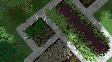Memleketin peyzaj tasarımının 3 boyutlu görüntüsü. Bölgenin peyzajı. Birleşik peyzaj ve peyzaj çözümlerinin bilgisayar görselleştirmesi.