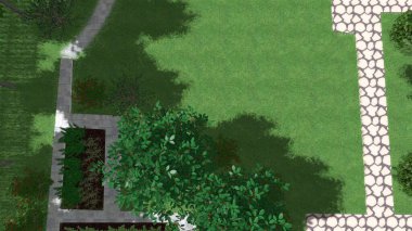 Memleketin peyzaj tasarımının 3 boyutlu görüntüsü. Bölgenin peyzajı. Birleşik peyzaj ve peyzaj çözümlerinin bilgisayar görselleştirmesi.