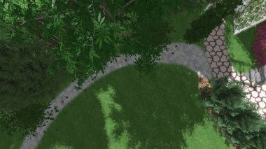 Memleketin peyzaj tasarımının 3 boyutlu görüntüsü. Bölgenin peyzajı. Birleşik peyzaj ve peyzaj çözümlerinin bilgisayar görselleştirmesi.