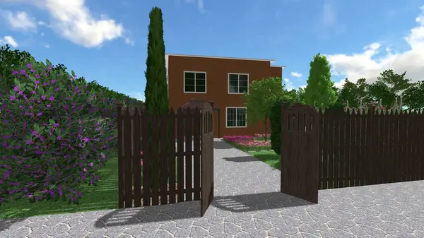 Memleketin peyzaj tasarımının 3 boyutlu görüntüsü. Bölgenin peyzajı. Birleşik peyzaj ve peyzaj çözümlerinin bilgisayar görselleştirmesi.