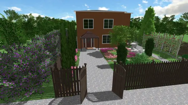 Memleketin peyzaj tasarımının 3 boyutlu görüntüsü. Bölgenin peyzajı. Birleşik peyzaj ve peyzaj çözümlerinin bilgisayar görselleştirmesi.