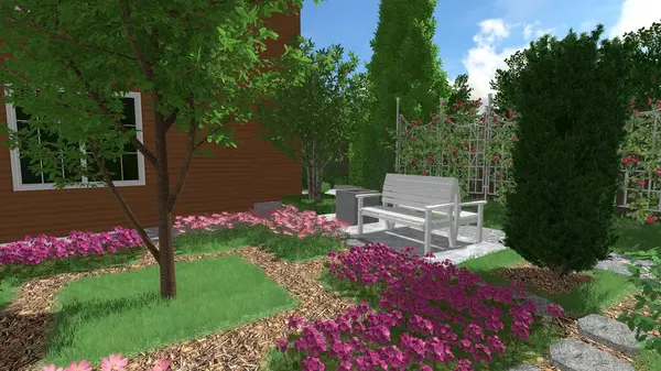 Memleketin peyzaj tasarımının 3 boyutlu görüntüsü. Bölgenin peyzajı. Birleşik peyzaj ve peyzaj çözümlerinin bilgisayar görselleştirmesi.