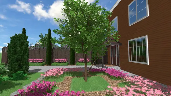 Memleketin peyzaj tasarımının 3 boyutlu görüntüsü. Bölgenin peyzajı. Birleşik peyzaj ve peyzaj çözümlerinin bilgisayar görselleştirmesi.