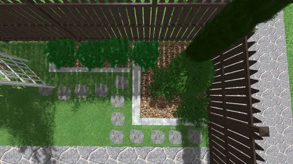 Memleketin peyzaj tasarımının 3 boyutlu görüntüsü. Bölgenin peyzajı. Birleşik peyzaj ve peyzaj çözümlerinin bilgisayar görselleştirmesi.