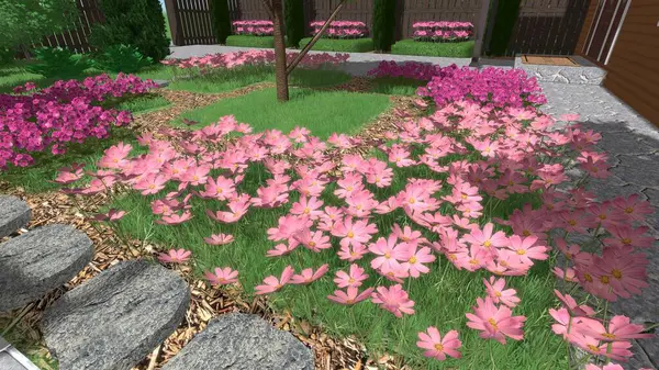 Memleketin peyzaj tasarımının 3 boyutlu görüntüsü. Bölgenin peyzajı. Birleşik peyzaj ve peyzaj çözümlerinin bilgisayar görselleştirmesi.