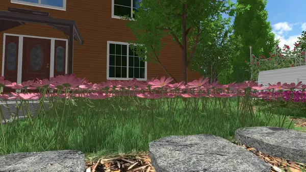 Memleketin peyzaj tasarımının 3 boyutlu görüntüsü. Bölgenin peyzajı. Birleşik peyzaj ve peyzaj çözümlerinin bilgisayar görselleştirmesi.