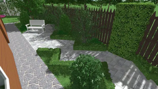 Memleketin peyzaj tasarımının 3 boyutlu görüntüsü. Bölgenin peyzajı. Birleşik peyzaj ve peyzaj çözümlerinin bilgisayar görselleştirmesi.