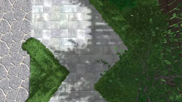 Memleketin peyzaj tasarımının 3 boyutlu görüntüsü. Bölgenin peyzajı. Birleşik peyzaj ve peyzaj çözümlerinin bilgisayar görselleştirmesi.