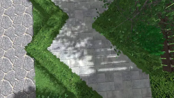 Memleketin peyzaj tasarımının 3 boyutlu görüntüsü. Bölgenin peyzajı. Birleşik peyzaj ve peyzaj çözümlerinin bilgisayar görselleştirmesi.