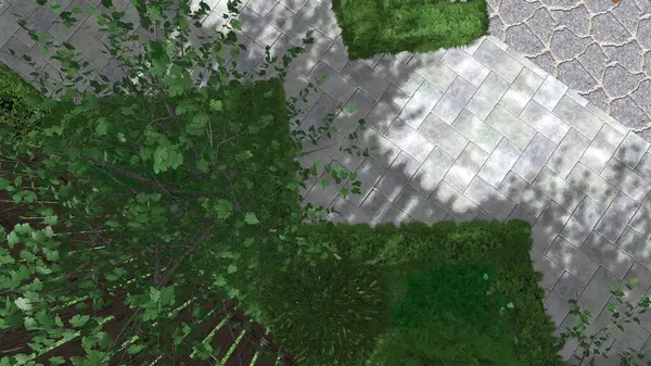 Memleketin peyzaj tasarımının 3 boyutlu görüntüsü. Bölgenin peyzajı. Birleşik peyzaj ve peyzaj çözümlerinin bilgisayar görselleştirmesi.