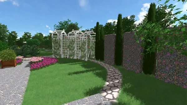 Memleketin peyzaj tasarımının 3 boyutlu görüntüsü. Bölgenin peyzajı. Birleşik peyzaj ve peyzaj çözümlerinin bilgisayar görselleştirmesi.