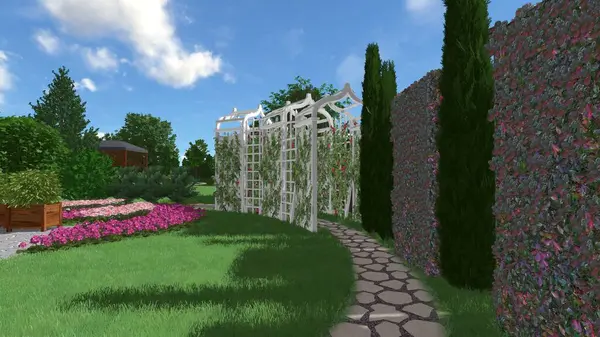 Memleketin peyzaj tasarımının 3 boyutlu görüntüsü. Bölgenin peyzajı. Birleşik peyzaj ve peyzaj çözümlerinin bilgisayar görselleştirmesi.