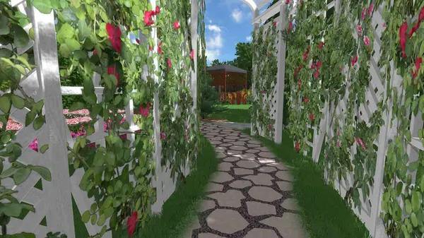 Memleketin peyzaj tasarımının 3 boyutlu görüntüsü. Bölgenin peyzajı. Birleşik peyzaj ve peyzaj çözümlerinin bilgisayar görselleştirmesi.