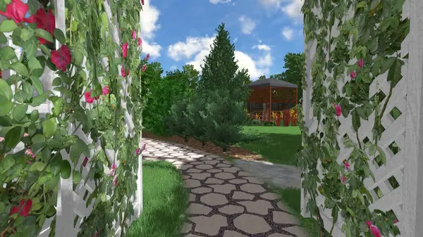 Memleketin peyzaj tasarımının 3 boyutlu görüntüsü. Bölgenin peyzajı. Birleşik peyzaj ve peyzaj çözümlerinin bilgisayar görselleştirmesi.