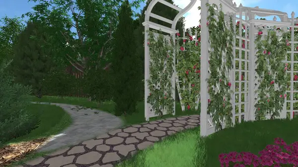 Memleketin peyzaj tasarımının 3 boyutlu görüntüsü. Bölgenin peyzajı. Birleşik peyzaj ve peyzaj çözümlerinin bilgisayar görselleştirmesi.