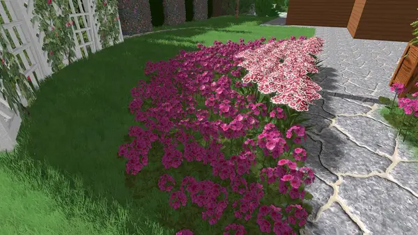 Memleketin peyzaj tasarımının 3 boyutlu görüntüsü. Bölgenin peyzajı. Birleşik peyzaj ve peyzaj çözümlerinin bilgisayar görselleştirmesi.