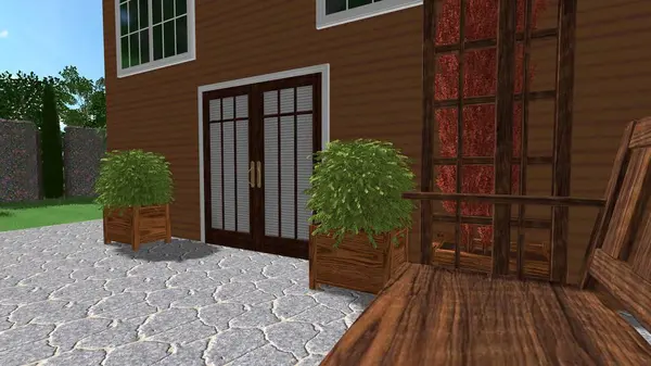 Memleketin peyzaj tasarımının 3 boyutlu görüntüsü. Bölgenin peyzajı. Birleşik peyzaj ve peyzaj çözümlerinin bilgisayar görselleştirmesi.