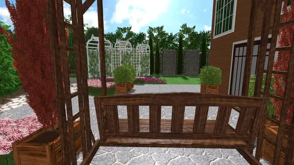 Memleketin peyzaj tasarımının 3 boyutlu görüntüsü. Bölgenin peyzajı. Birleşik peyzaj ve peyzaj çözümlerinin bilgisayar görselleştirmesi.