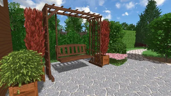 Memleketin peyzaj tasarımının 3 boyutlu görüntüsü. Bölgenin peyzajı. Birleşik peyzaj ve peyzaj çözümlerinin bilgisayar görselleştirmesi.