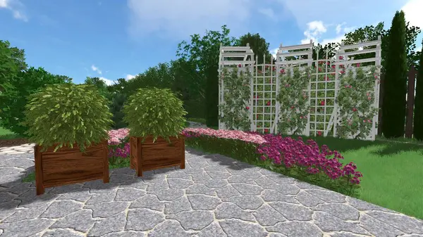 Memleketin peyzaj tasarımının 3 boyutlu görüntüsü. Bölgenin peyzajı. Birleşik peyzaj ve peyzaj çözümlerinin bilgisayar görselleştirmesi.