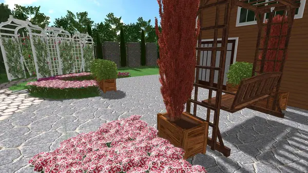 Memleketin peyzaj tasarımının 3 boyutlu görüntüsü. Bölgenin peyzajı. Birleşik peyzaj ve peyzaj çözümlerinin bilgisayar görselleştirmesi.