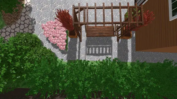 Memleketin peyzaj tasarımının 3 boyutlu görüntüsü. Bölgenin peyzajı. Birleşik peyzaj ve peyzaj çözümlerinin bilgisayar görselleştirmesi.