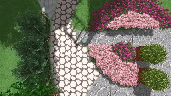 Memleketin peyzaj tasarımının 3 boyutlu görüntüsü. Bölgenin peyzajı. Birleşik peyzaj ve peyzaj çözümlerinin bilgisayar görselleştirmesi.