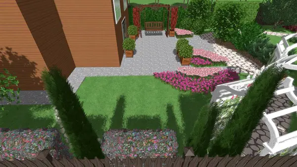 Memleketin peyzaj tasarımının 3 boyutlu görüntüsü. Bölgenin peyzajı. Birleşik peyzaj ve peyzaj çözümlerinin bilgisayar görselleştirmesi.