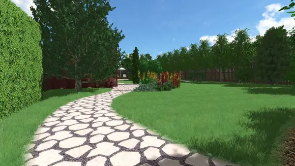 Memleketin peyzaj tasarımının 3 boyutlu görüntüsü. Bölgenin peyzajı. Birleşik peyzaj ve peyzaj çözümlerinin bilgisayar görselleştirmesi.