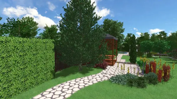 Memleketin peyzaj tasarımının 3 boyutlu görüntüsü. Bölgenin peyzajı. Birleşik peyzaj ve peyzaj çözümlerinin bilgisayar görselleştirmesi.