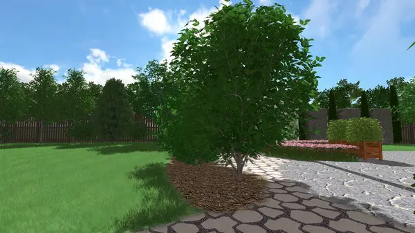 Memleketin peyzaj tasarımının 3 boyutlu görüntüsü. Bölgenin peyzajı. Birleşik peyzaj ve peyzaj çözümlerinin bilgisayar görselleştirmesi.