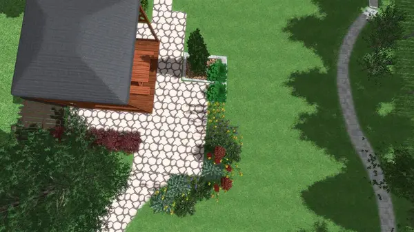 Memleketin peyzaj tasarımının 3 boyutlu görüntüsü. Bölgenin peyzajı. Birleşik peyzaj ve peyzaj çözümlerinin bilgisayar görselleştirmesi.