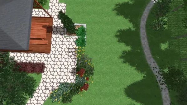 Memleketin peyzaj tasarımının 3 boyutlu görüntüsü. Bölgenin peyzajı. Birleşik peyzaj ve peyzaj çözümlerinin bilgisayar görselleştirmesi.