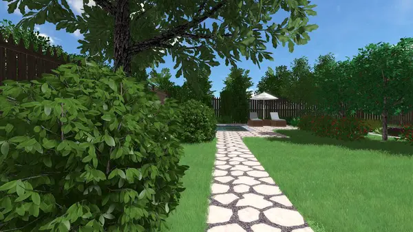 Memleketin peyzaj tasarımının 3 boyutlu görüntüsü. Bölgenin peyzajı. Birleşik peyzaj ve peyzaj çözümlerinin bilgisayar görselleştirmesi.