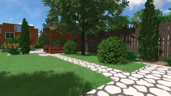 Memleketin peyzaj tasarımının 3 boyutlu görüntüsü. Bölgenin peyzajı. Birleşik peyzaj ve peyzaj çözümlerinin bilgisayar görselleştirmesi.