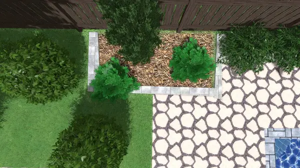 Memleketin peyzaj tasarımının 3 boyutlu görüntüsü. Bölgenin peyzajı. Birleşik peyzaj ve peyzaj çözümlerinin bilgisayar görselleştirmesi.