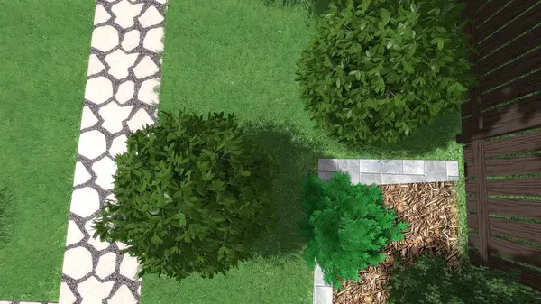 Memleketin peyzaj tasarımının 3 boyutlu görüntüsü. Bölgenin peyzajı. Birleşik peyzaj ve peyzaj çözümlerinin bilgisayar görselleştirmesi.