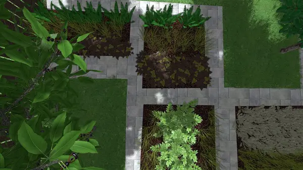 Memleketin peyzaj tasarımının 3 boyutlu görüntüsü. Bölgenin peyzajı. Birleşik peyzaj ve peyzaj çözümlerinin bilgisayar görselleştirmesi.