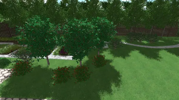 Memleketin peyzaj tasarımının 3 boyutlu görüntüsü. Bölgenin peyzajı. Birleşik peyzaj ve peyzaj çözümlerinin bilgisayar görselleştirmesi.