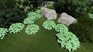 Şehir bahçesinin peyzaj tasarımının panoramik videosu. Park manzarasının avantajlı bir noktasından panoramik manzara.