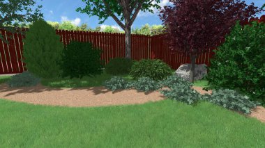 Memleketin peyzaj tasarımının 3 boyutlu görüntüsü. Bölgenin peyzajı. Birleşik peyzaj ve peyzaj çözümlerinin bilgisayar görselleştirmesi.