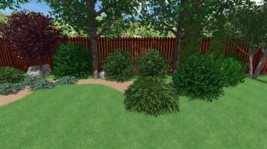 Memleketin peyzaj tasarımının 3 boyutlu görüntüsü. Bölgenin peyzajı. Birleşik peyzaj ve peyzaj çözümlerinin bilgisayar görselleştirmesi.