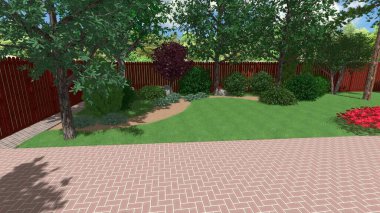 Memleketin peyzaj tasarımının 3 boyutlu görüntüsü. Bölgenin peyzajı. Birleşik peyzaj ve peyzaj çözümlerinin bilgisayar görselleştirmesi.