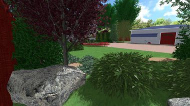 Memleketin peyzaj tasarımının 3 boyutlu görüntüsü. Bölgenin peyzajı. Birleşik peyzaj ve peyzaj çözümlerinin bilgisayar görselleştirmesi.