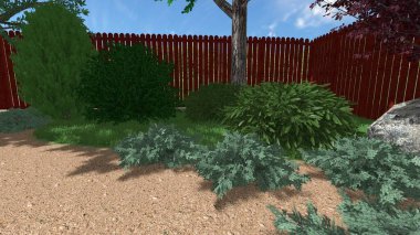 Memleketin peyzaj tasarımının 3 boyutlu görüntüsü. Bölgenin peyzajı. Birleşik peyzaj ve peyzaj çözümlerinin bilgisayar görselleştirmesi.