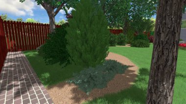 Memleketin peyzaj tasarımının 3 boyutlu görüntüsü. Bölgenin peyzajı. Birleşik peyzaj ve peyzaj çözümlerinin bilgisayar görselleştirmesi.